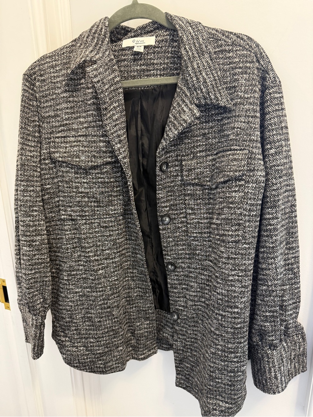 Black and Gray Tweed Button-Front Shirt Jacket